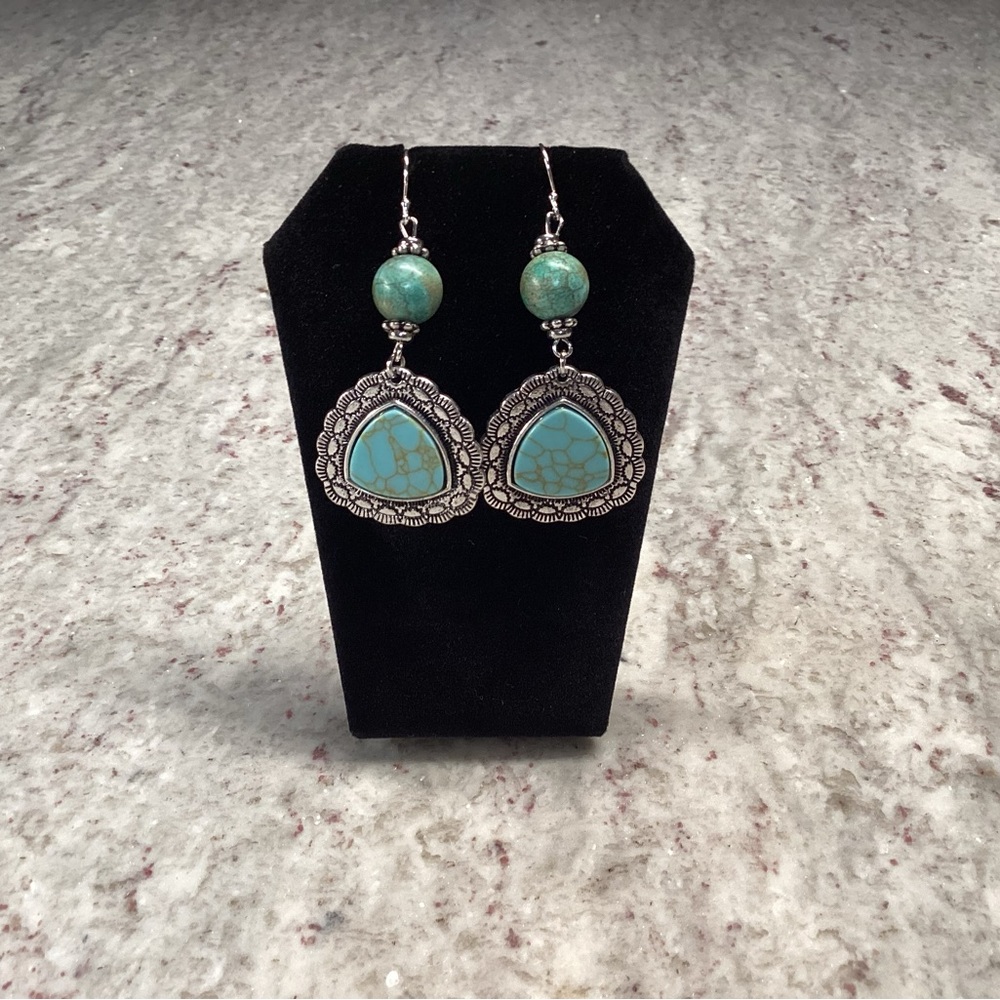 New Dangle Silver & Turquoise Agate Earrings. Southwest Boho Flare. Artisan made